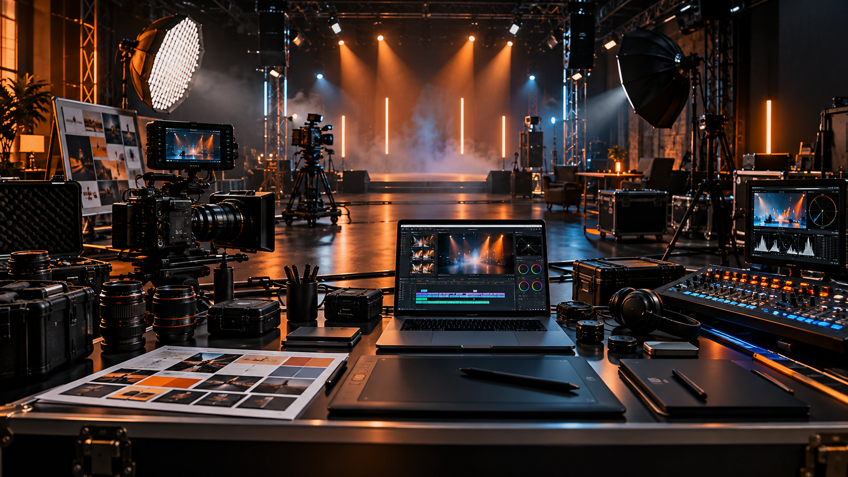 Cinematic production studio with cameras, lighting, editing monitors, and live production equipment