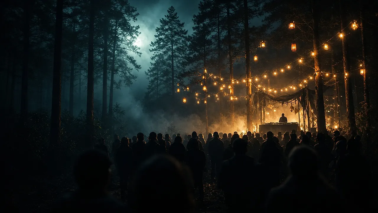 Cinematic live event production environment with audience, lighting, and media energy